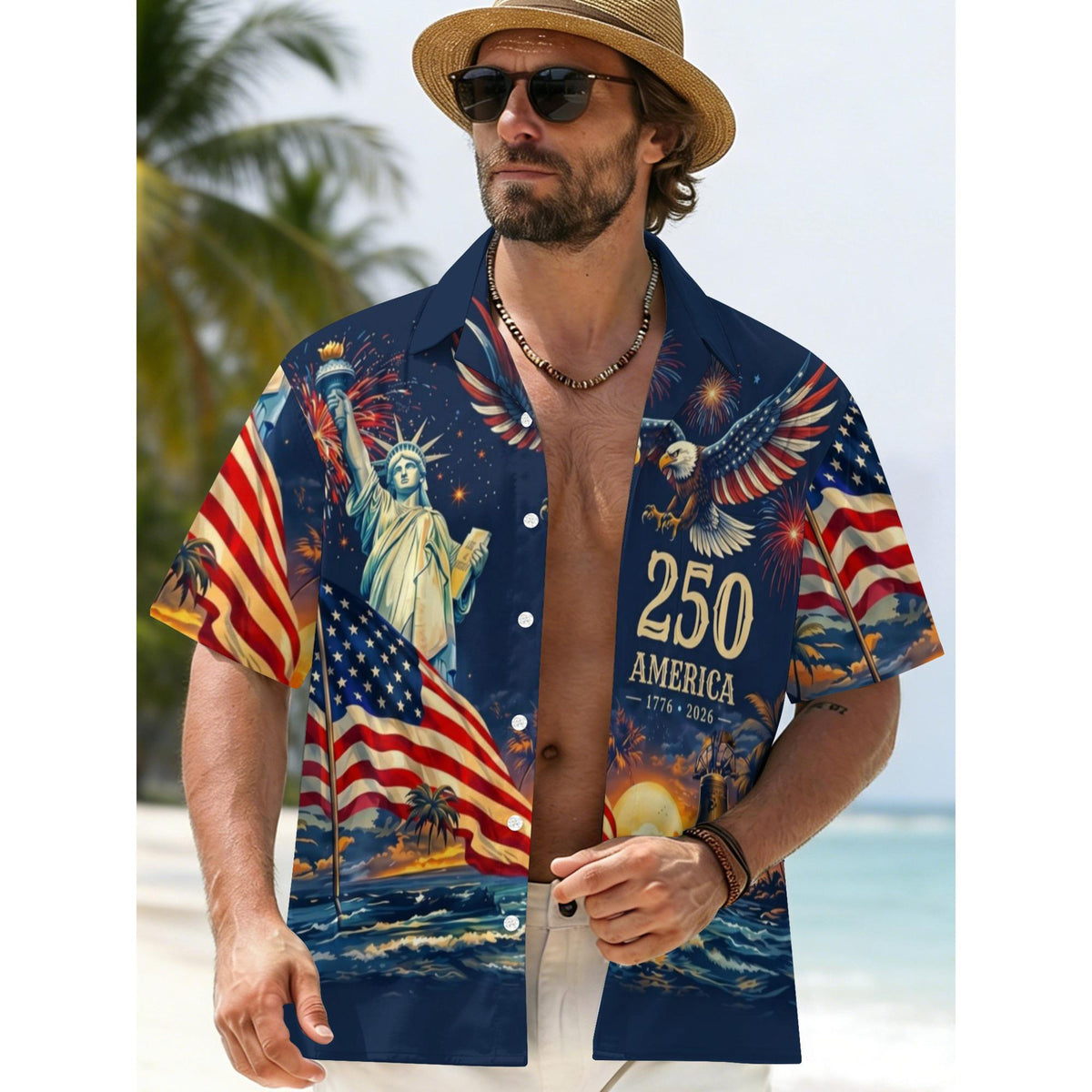 Men's Hawaiian Shirt America's Freedom 250th Anniversary,1776-2026 Patriotic Short Sleeve Button Down Vintage Shirt,United States 250 Years