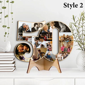 Couple Wooden Sign Golden Milestone - Custom Photo Collage Wooden Sign