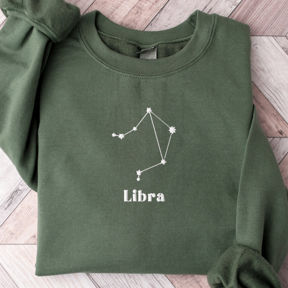 Libra Embroidered Sweatshirt, Embroidered Libra Crewneck Sweater, Embroidered Zodiac Shirt, Libra Shirt, Constellation Shirt