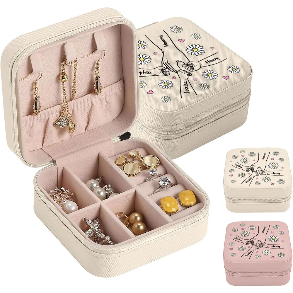 Mom Flower Kids Holding Hand Outline - Personalized Square Jewelry Box - Gift For Mom, Mother's Day, Birthday Gift