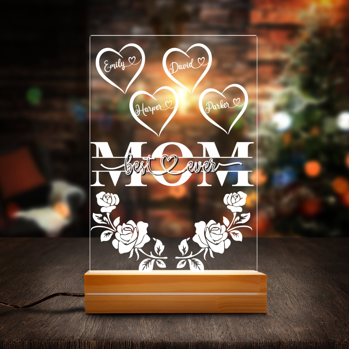 Best Mom Ever With Roses And Hearts - Personalized 3D LED Light Wooden Base - Gift For Mom, Mother's Day Gift