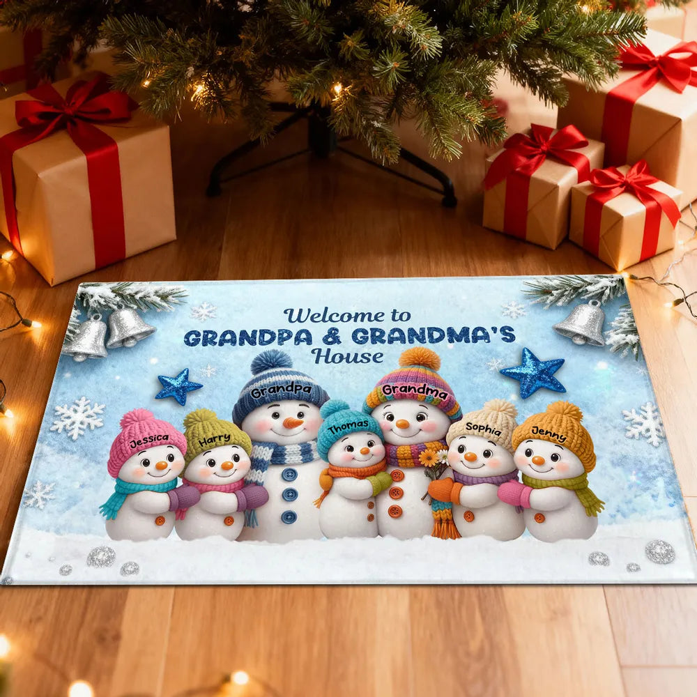 3D Effect Snowy Christmas Snowman Welcome To Grandma Grandpa House - Personalized Doormat - Christmas Gift For Grandma & Grandpa