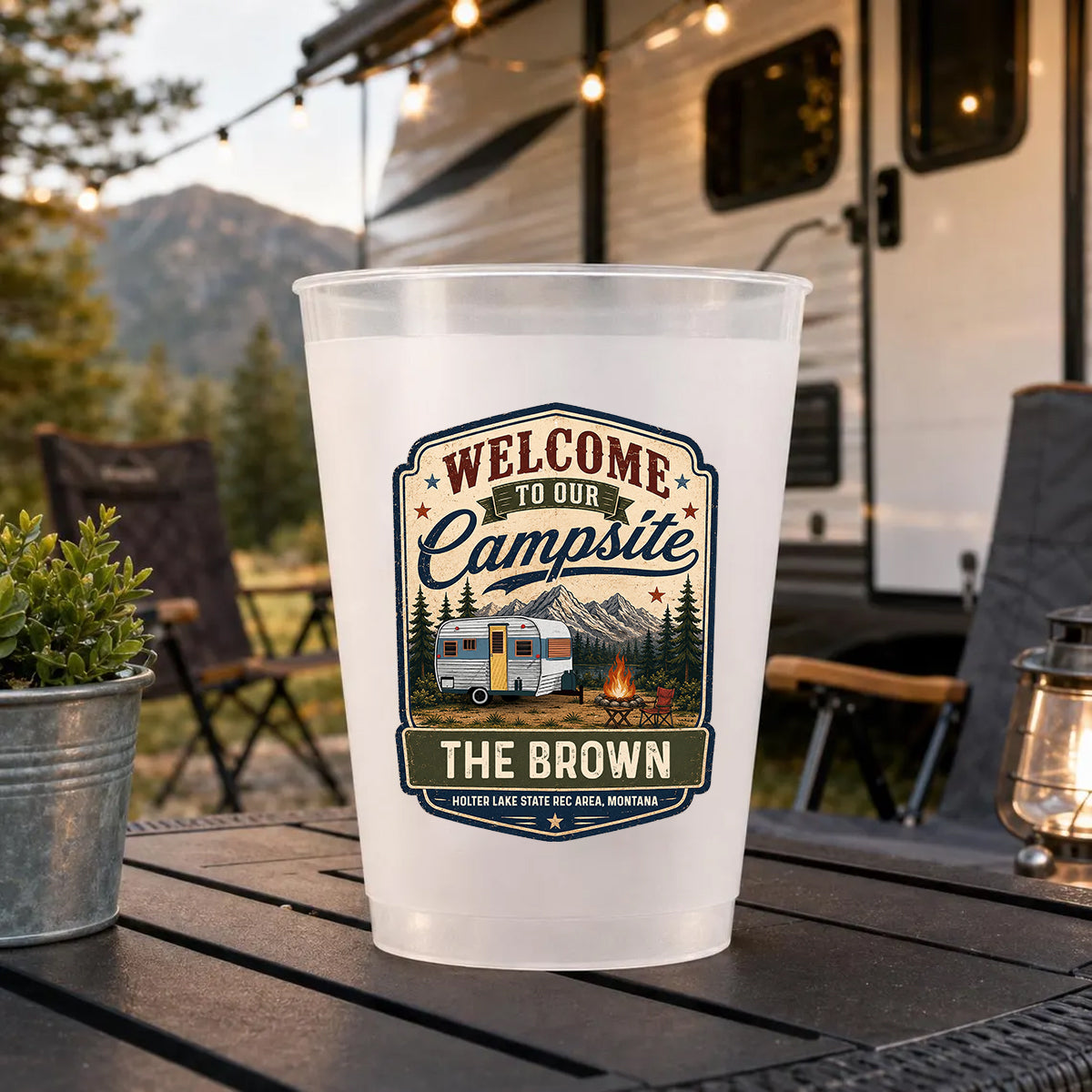 Welcome To Our Campsite - Personalized Frosted Plastic Cup - Gift For Family, Camping Drinking Accessory, Outdoor Cups
