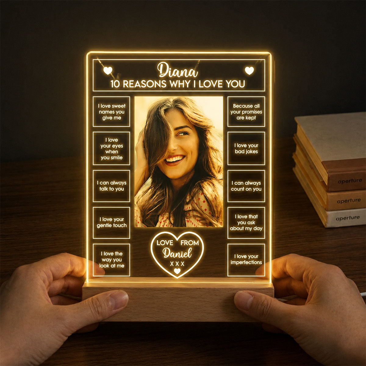 10 Reasons Why I Love You - Personalized 3D LED Light With Wooden Base - Sweet Gift For Couples