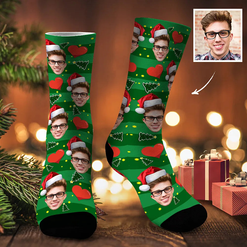 Custom Face Christmas Tree & Heart - Personalized Socks - Christmas Gifts for Women Men