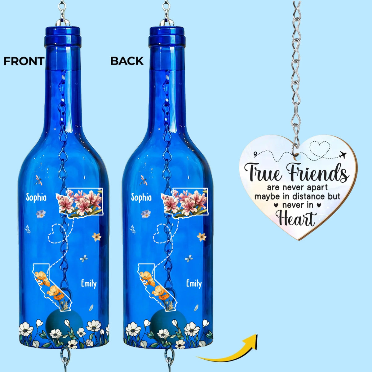 Long Distance Friends - Personalized Wine Bottle Wind Chime - Gift For Sisters, Besties, Friends