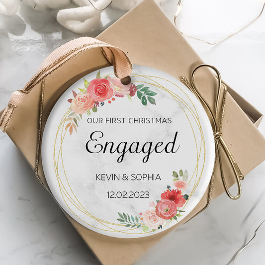 First Christmas Engaged Pink Flowers Wreath - Personalized Ornament - Christmas Gift
