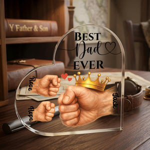 Personalized Father and Kids Fists Acrylic Heart Block, Custom Fathers Day Gift for Dad, Best Dad Ever Keepsake, Dad's Office Desk Decor