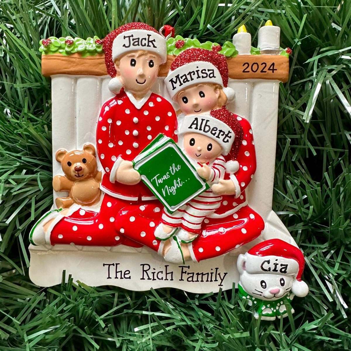 Pajama Family of Three, Personalized Resin Christmas Ornament, Gift For Family