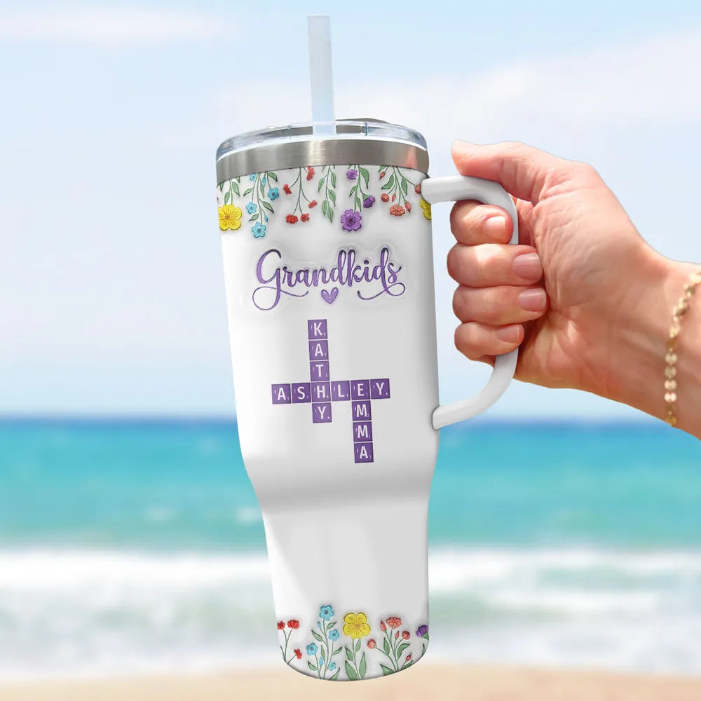 Grandkids Purple Crossword Wildflower Pattern - Personalized 40oz Tumbler - Gift For Grandma Mom, Mother's Day, Birthday Gift