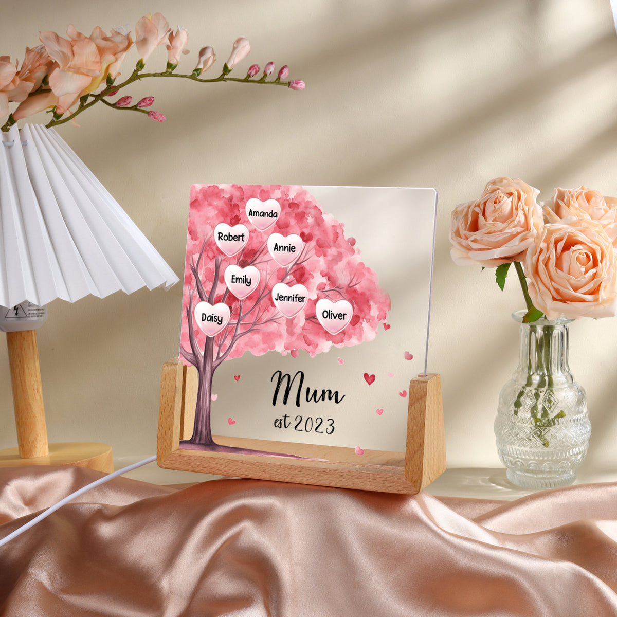 Pink Tree With Kids Name - Personalized Desk Name Plate - Mother's Day Gift For Mom, Grandma