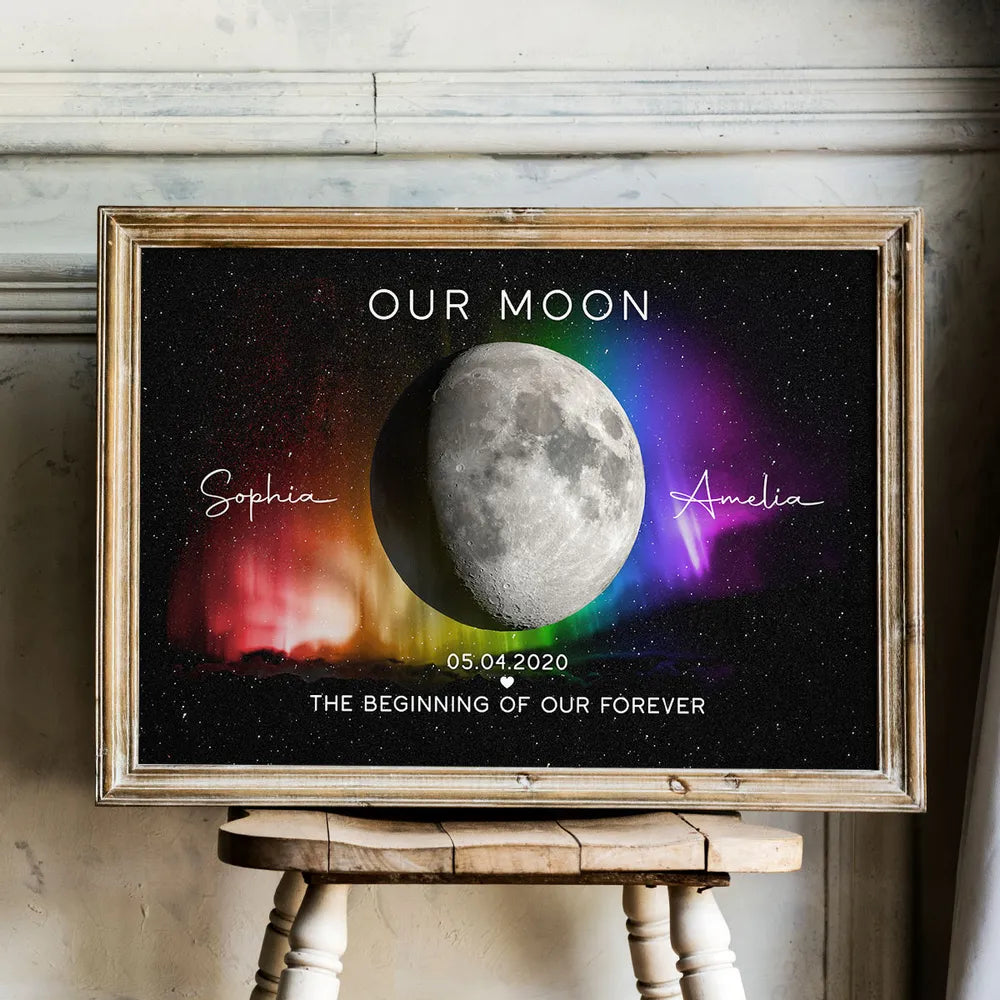 The Beginning Of Our Forever Custom Aurora Moon Phase - Personalized Canvas - Anniversary Gift, Valentine's Day Gift For Couple