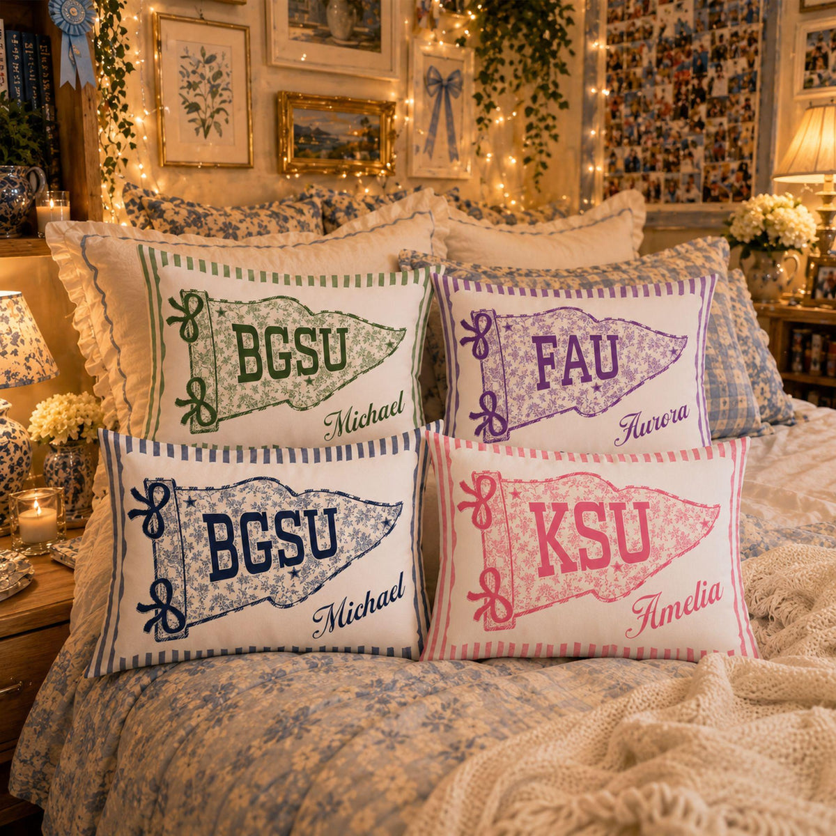Personalized College Pillow, Custom Name Dorm Decor, Preppy Pennant Pillow, Floral Bow Pillow, Graduation Gift, College Bound Gift