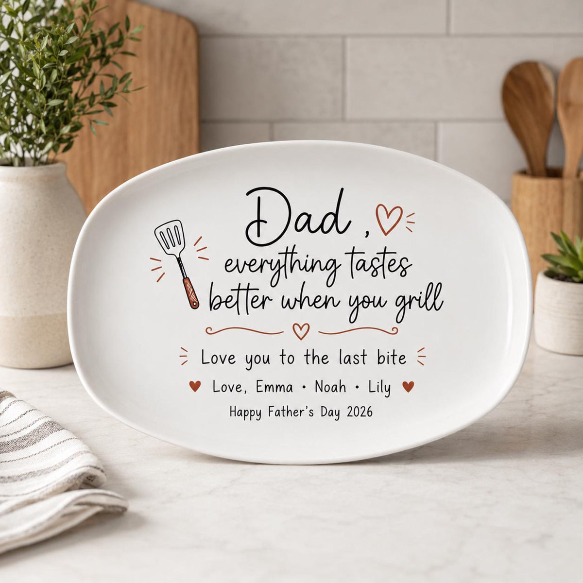 Personalized Dad Everything Tastes Better When You Grill Plate, Father's Day Gift From Kids, Custom BBQ Serving Platter For Grill Daddy Gift