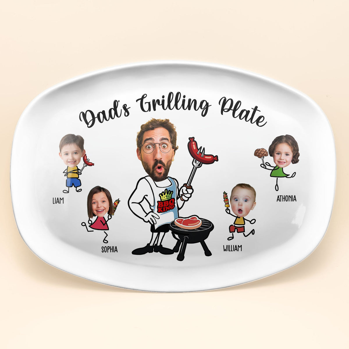Dad's Grilling Plate Custom Kid's Face - Personalized Platter - Gift For Dad, Father's Day Gift