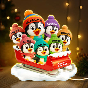 3D Effect Cute Grandma Grandkids Penguin On Sleigh - Personalized Acrylic Light Box - Christmas Gift For Grandma
