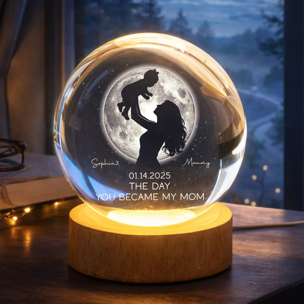 Mom Hugging Kid Under The Moon - Personalized Crystal Ball LED Night Light - Mother's Day Gift