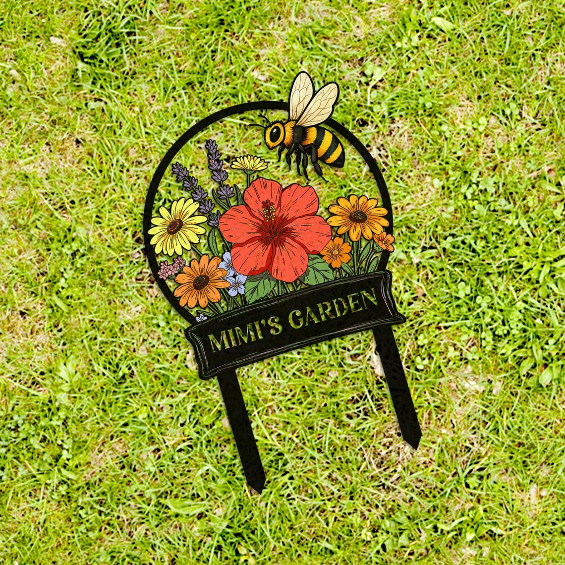 Custom Bee Garden Sign with Stakes, Mother's Day Gift for Mimi, Bee Floral Yard Stake, Flower Bed Decor, Gardener Gift, Nana's Blessings