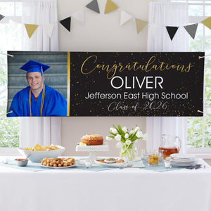 Personalized Graduation Banner with Photo, Black & Gold Congrats Graduate Yard Sign, Custom Name & School Class of 2026 Party Decor