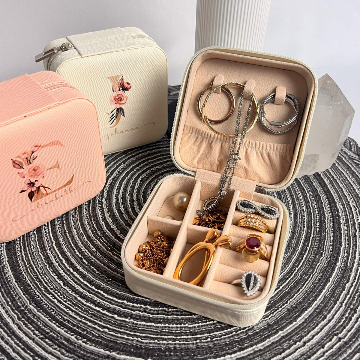 Custom Floral Initial - Personalized Square Jewelry Box - Gift For Mom, Sister, Besties