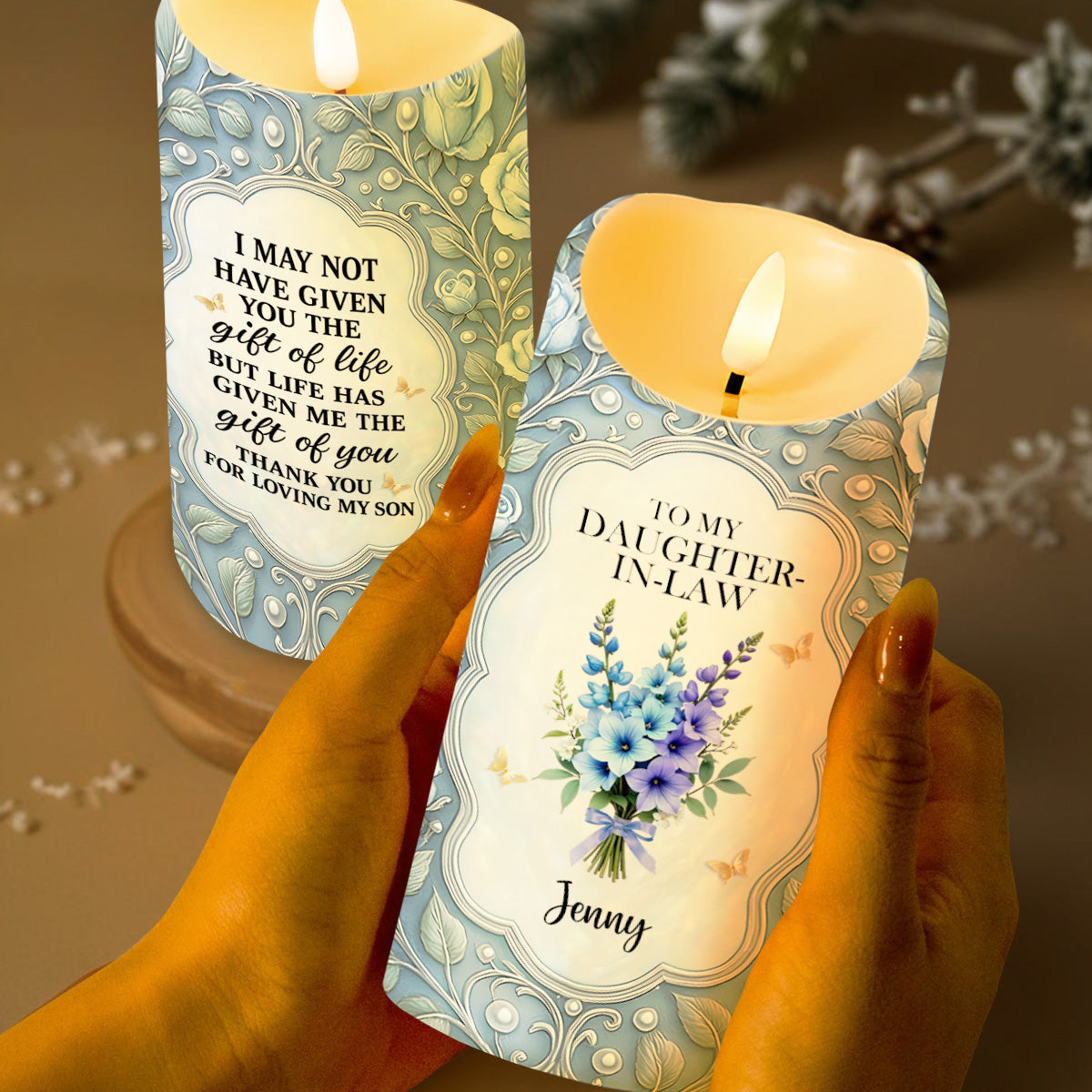 To My Daughter-In-Law, Gift Of Life, Flowers and Butterflies, Custom LED Candle, Gift For Daughter-In-Laws