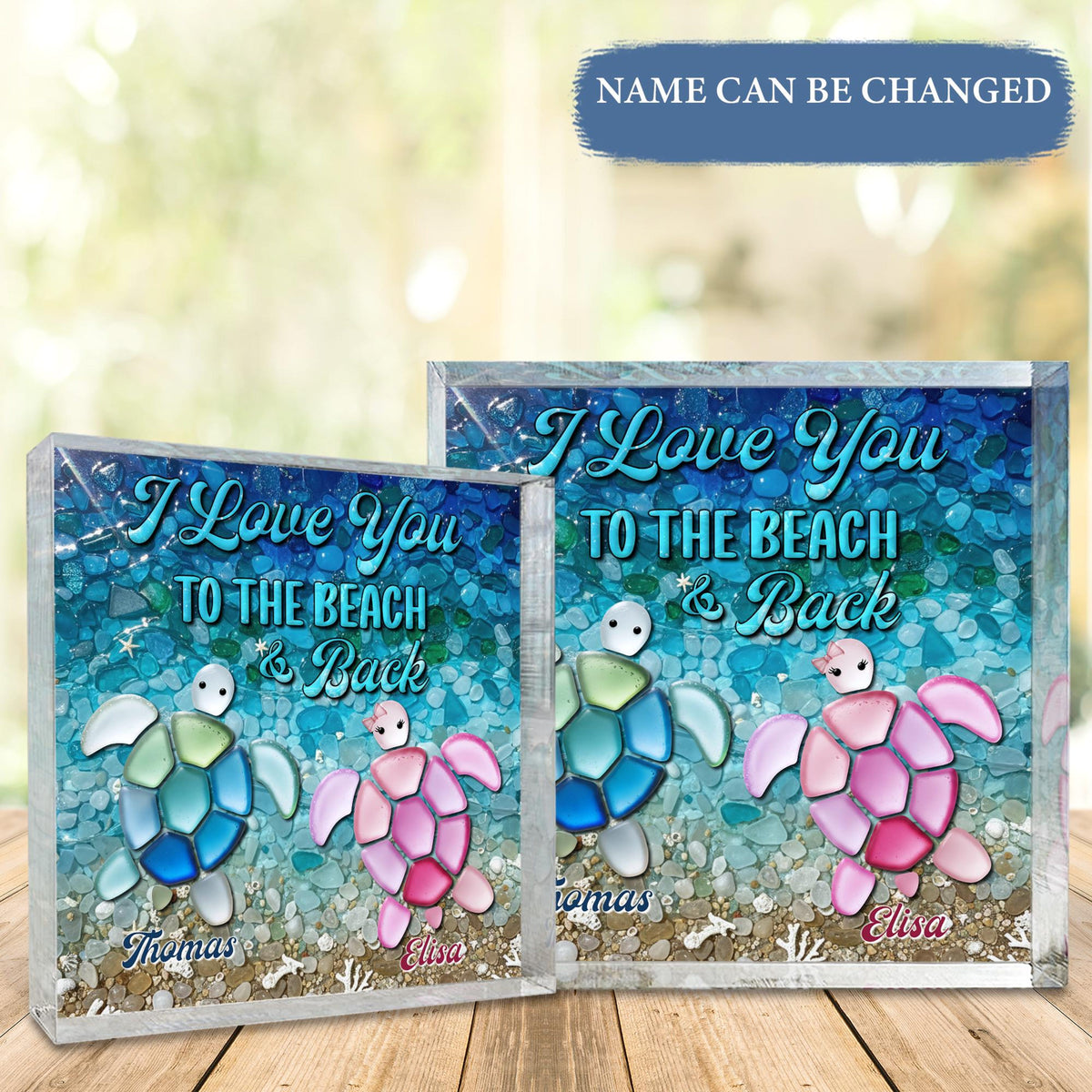 Custom 2D Flat Turtle Couple's Name SeaGlass Acrylic Blocks, Anniversary Engagement Gift, Coastal Beach Christmas Decor Gift for Couple
