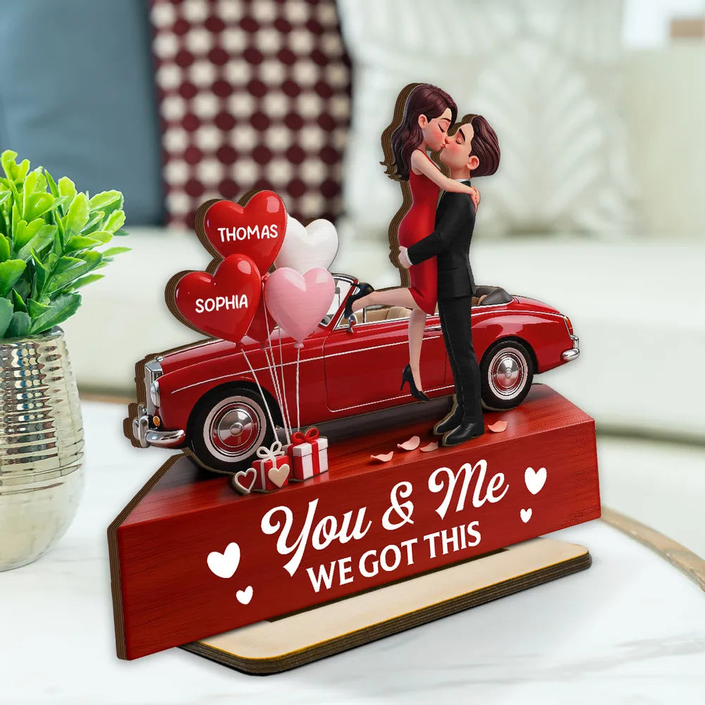 Valentine Car Romantic Couple Hugging Kissing - Personalized Wooden Plaque With Flat Base - Valentine's Day Gift For Couple