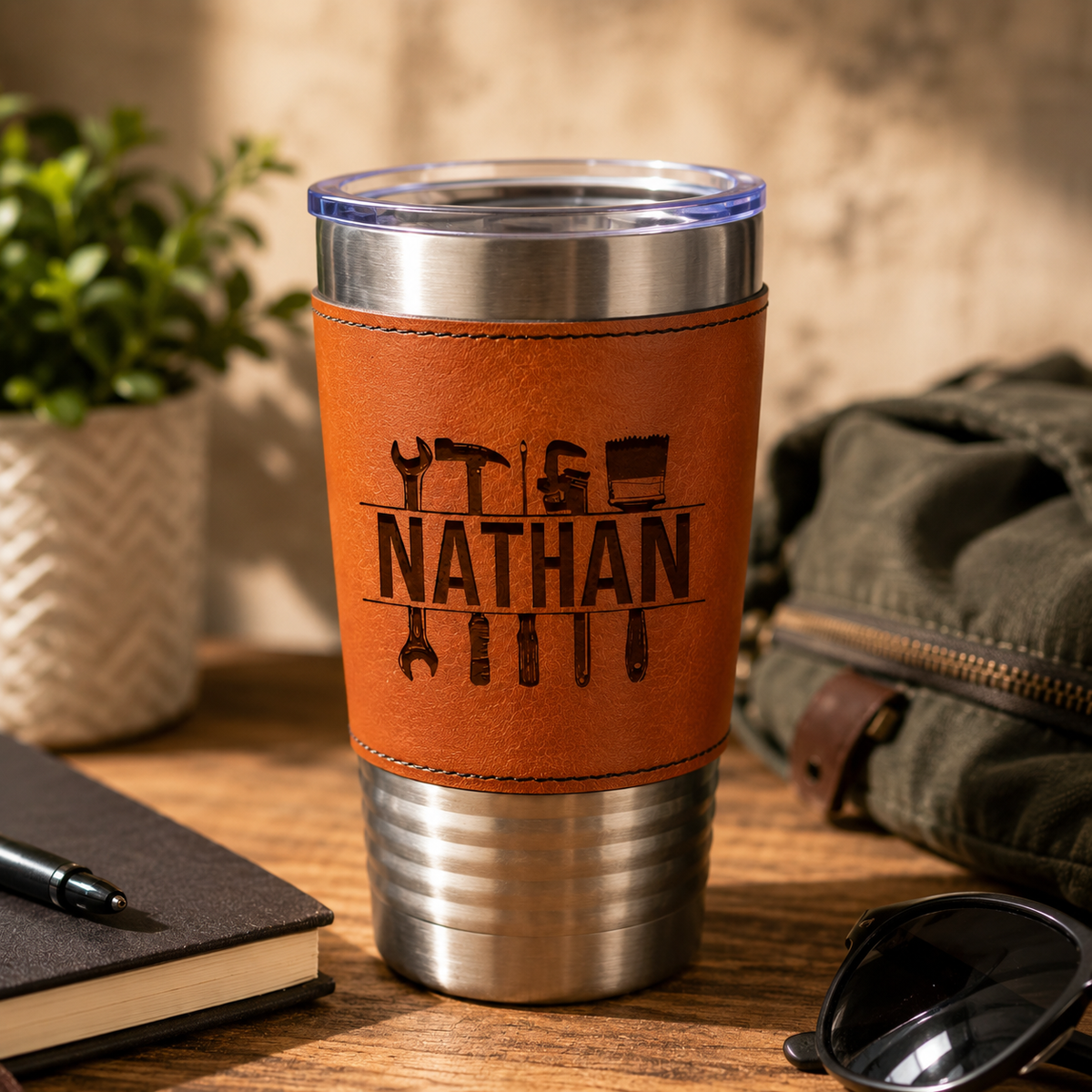 Personalized Contractor Tumbler, Leather Wrapped Tumbler, Builder Gift, Handyman Gifts, Janitor Gifts, Repair Maintenance Gifts,Painter