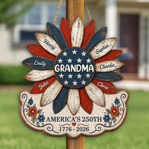 Grandma Nation Flag Sunflower America 250th Anniversary - Personalized Wood Sign - 250 Years Of Freedom, Patriotic Decoration