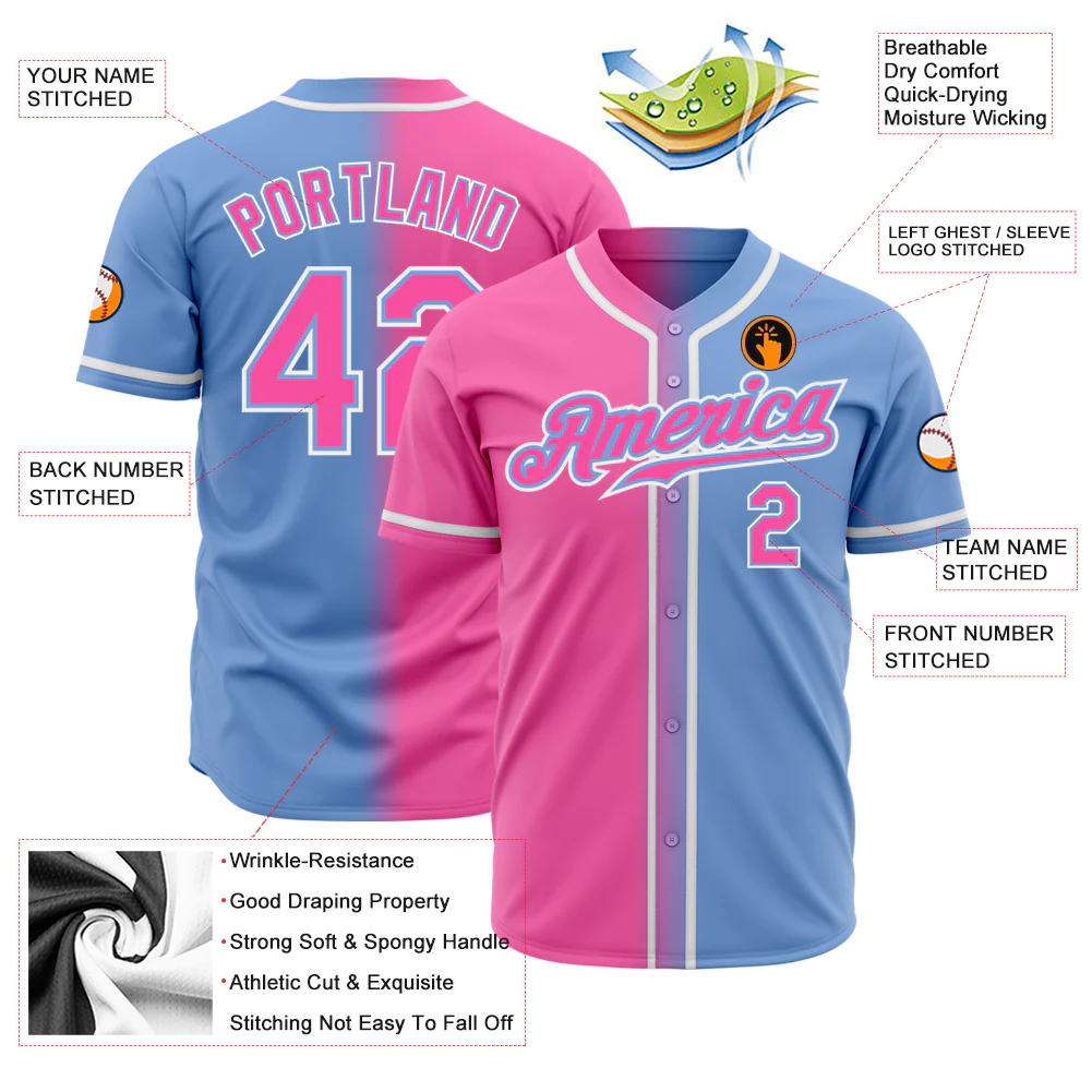 Custom Light Blue Pink-White Authentic Fade Fashion Baseball Jersey
