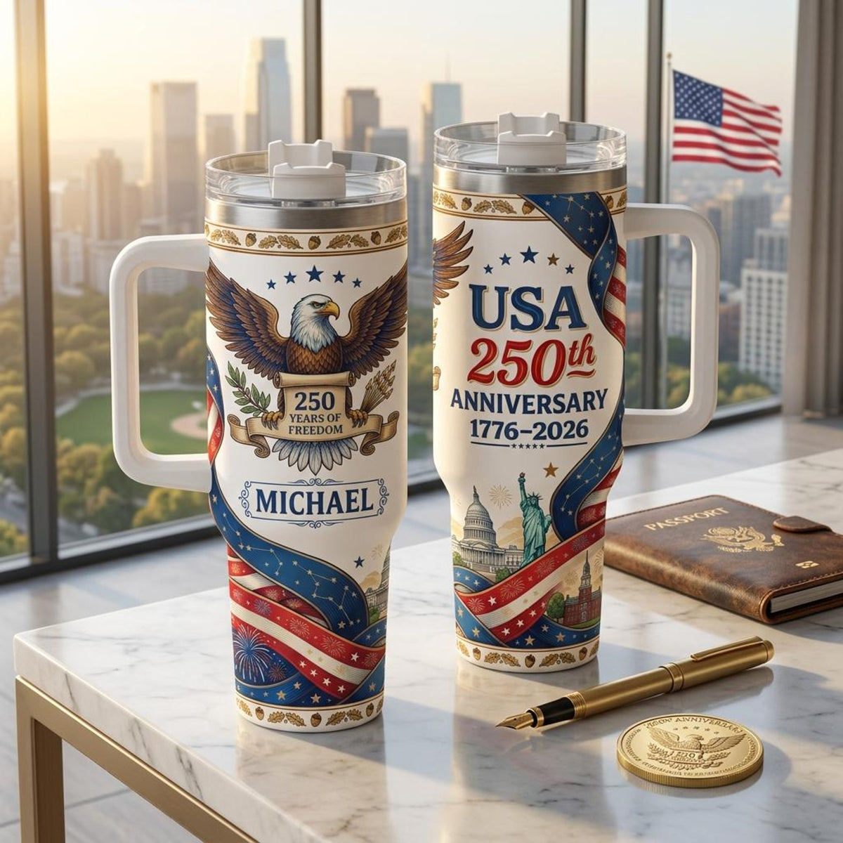 Personalized USA 250th Anniversary Tumbler, Custom Name 1776 2026 Cup, Patriotic Fourth of July Gift