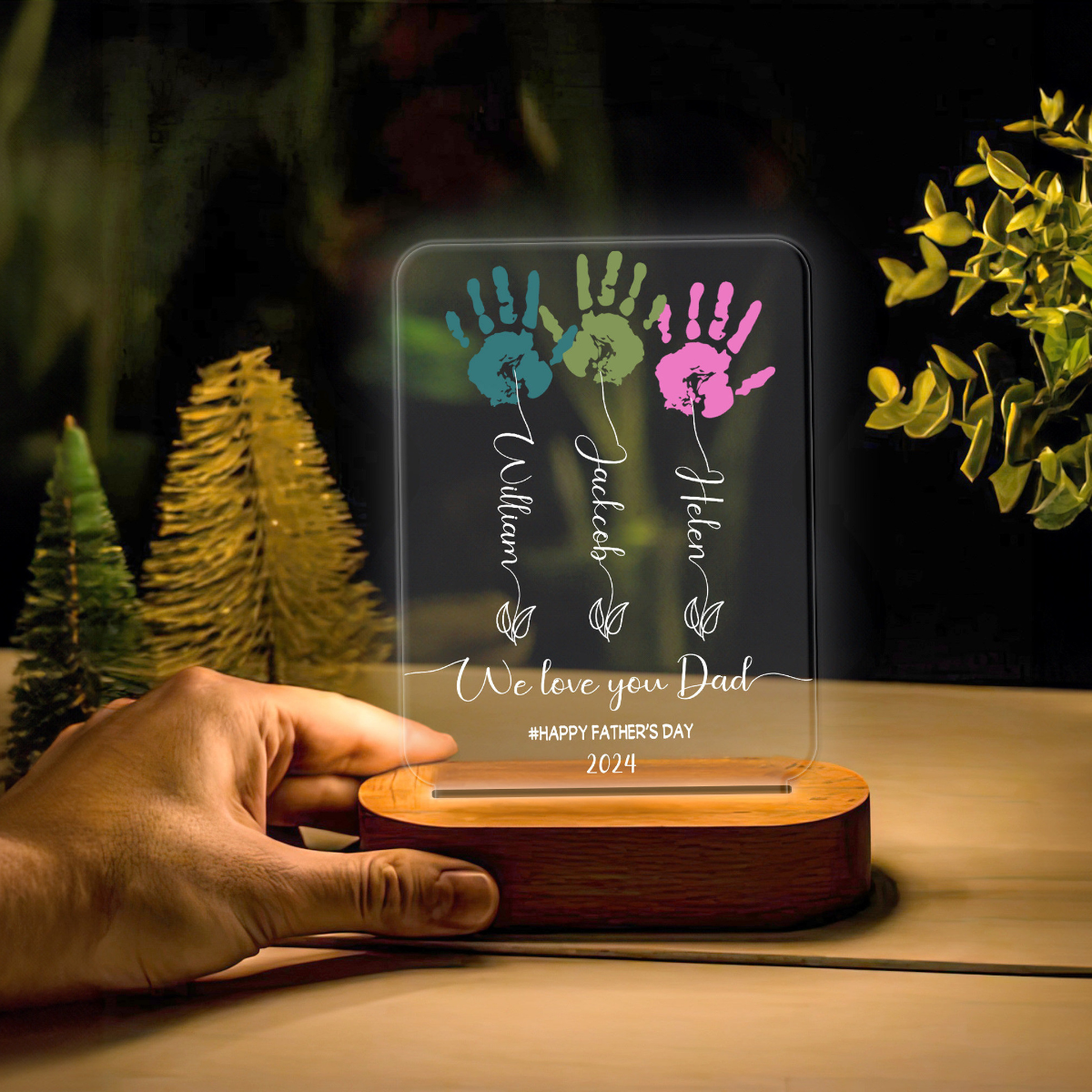 Father's Day Handprint Art Night Light, Flower Handprint Led Lamp, Gifts For Dad Lamp, Father's Day Gift