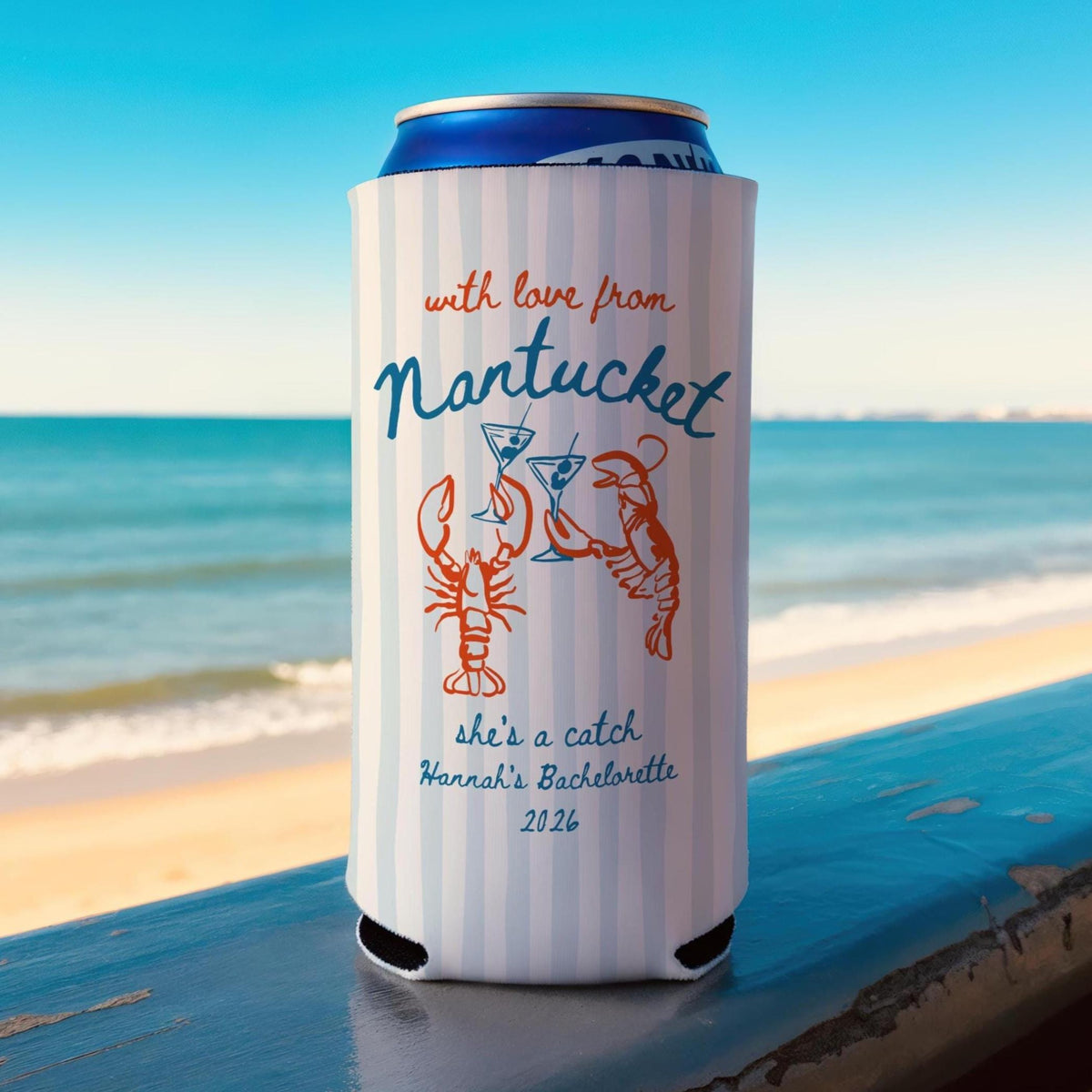 Nantucket Bachelorette Can Coolers, She's a Catch Drink Coolers, Custom Nantucket Beach Party Favors, Girls Trip Drink Holders