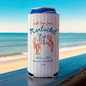 Nantucket Bachelorette Can Coolers, She's a Catch Drink Coolers, Custom Nantucket Beach Party Favors, Girls Trip Drink Holders