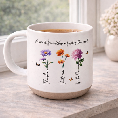 A Sweet Friendship Refreshes The Soul Besties Birth Flower - Personalized Pottery Mug - Friendship Gift For Best Friends