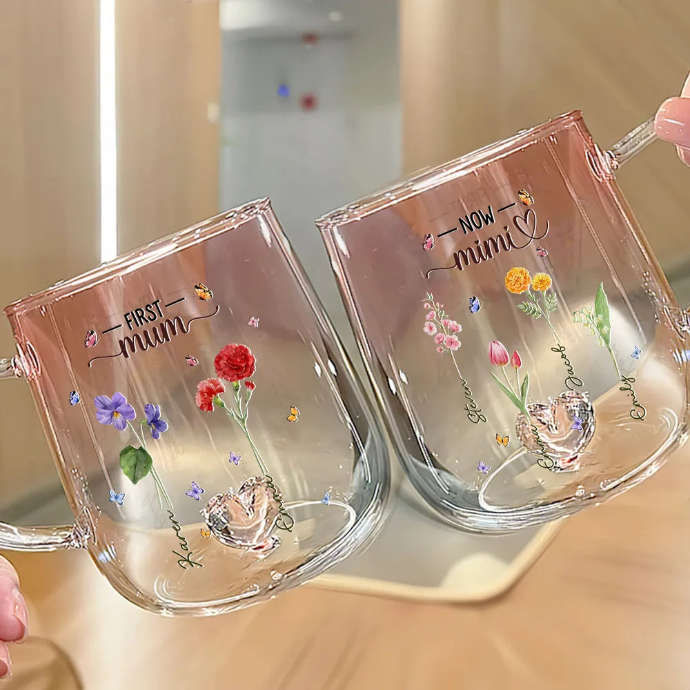 First Mom Now Grandma Flower - Personalized Gradient Glass Mug - Gift For Mom, Grandma