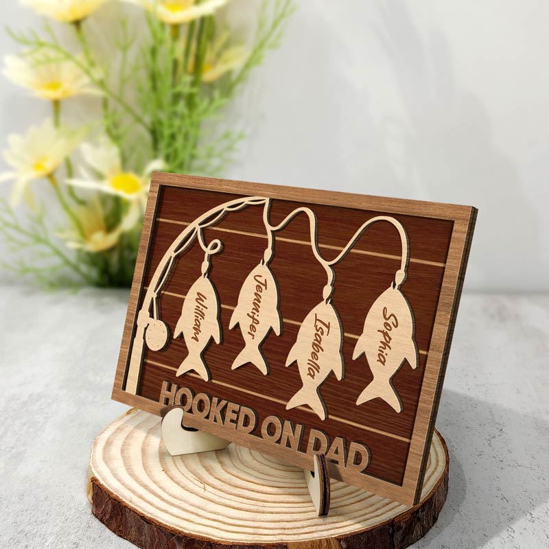 Hooked On Dad Grandpa - Personalized Wooden Plaque - Gift For Father, Grandpa, Father's Day
