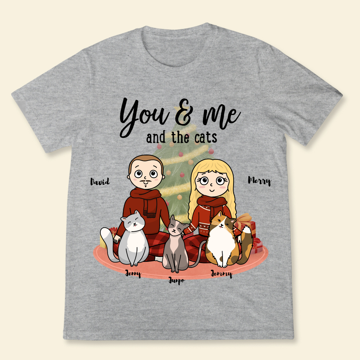 You, me & the cats Christmas Tree Personalized T Shirt Christmas Gift For Cat Lovers Custom Cat Breed Cat Dad Cat Mom Winter Season Gift