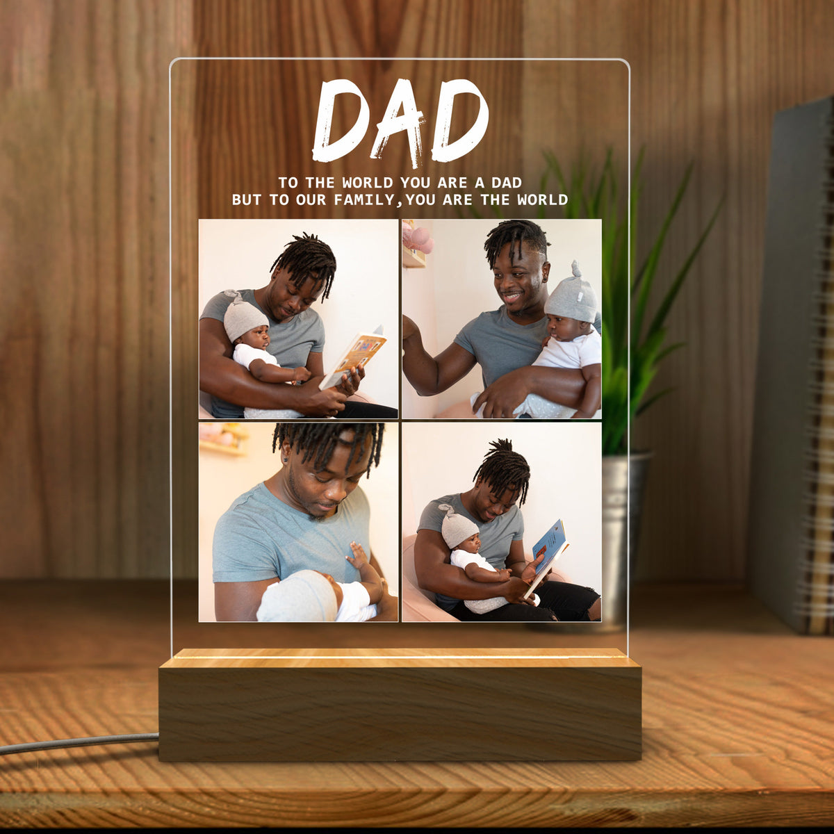 Dad You Are The World Photo Collage - Personalized 3D LED Light Wooden Base - Gift For Father