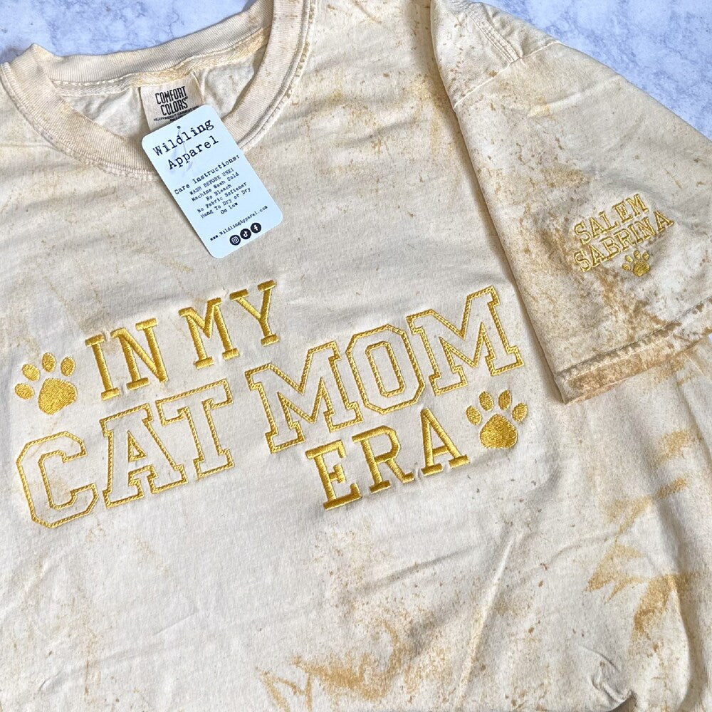 Personalized In My Cat Mom Era Embroidered Comfort Colors Tee, Embroidered Cat Mom T-Shirt With Dog Names, Customizable Gift For Cat Owner