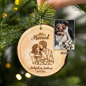 Custom Line Drawing Wedding Ornament, First Christmas Married Wooden Slice Ornament, Wedding Rustic Ornament Gifts for Couples