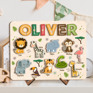 Safari Animal Name Puzzle for Kids, Personalized First Birthday Gift, Custom Toddler Wooden Puzzles, Unique New Baby Gift, Baby Shower Gift