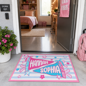 Personalized Pennant Name Dorm Welcome Mat: Preppy Bow Dorm Decor For College Girl, Best Roommate Gift, Stripped Apartment Decor For Bestie