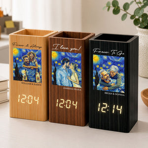 Personalized Photo Pen Holder Clock, Starry Night Custom Photo Wooden Desk Organizer with LED Digital Clock, Gift For Couple, Family