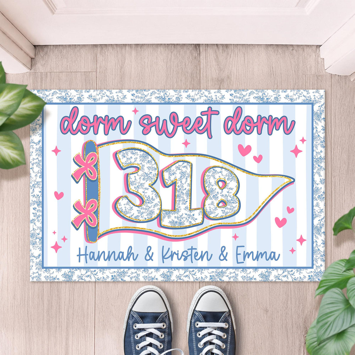 Personalized Blue Chinoiserie Dorm Doormat: Custom Stripe Roommate Names Welcome Mat, College Apartment Decor, Girls Dorm Decor