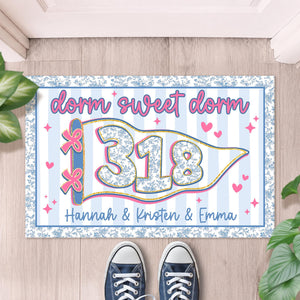 Personalized Blue Chinoiserie Dorm Doormat: Custom Stripe Roommate Names Welcome Mat, College Apartment Decor, Girls Dorm Decor