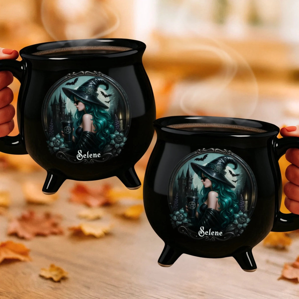 Mystic Witch Vibes - Personalized Halloween Black Ceramic Witch Mug - Halloween Gift For Family, Sisters, Friends, Siblings