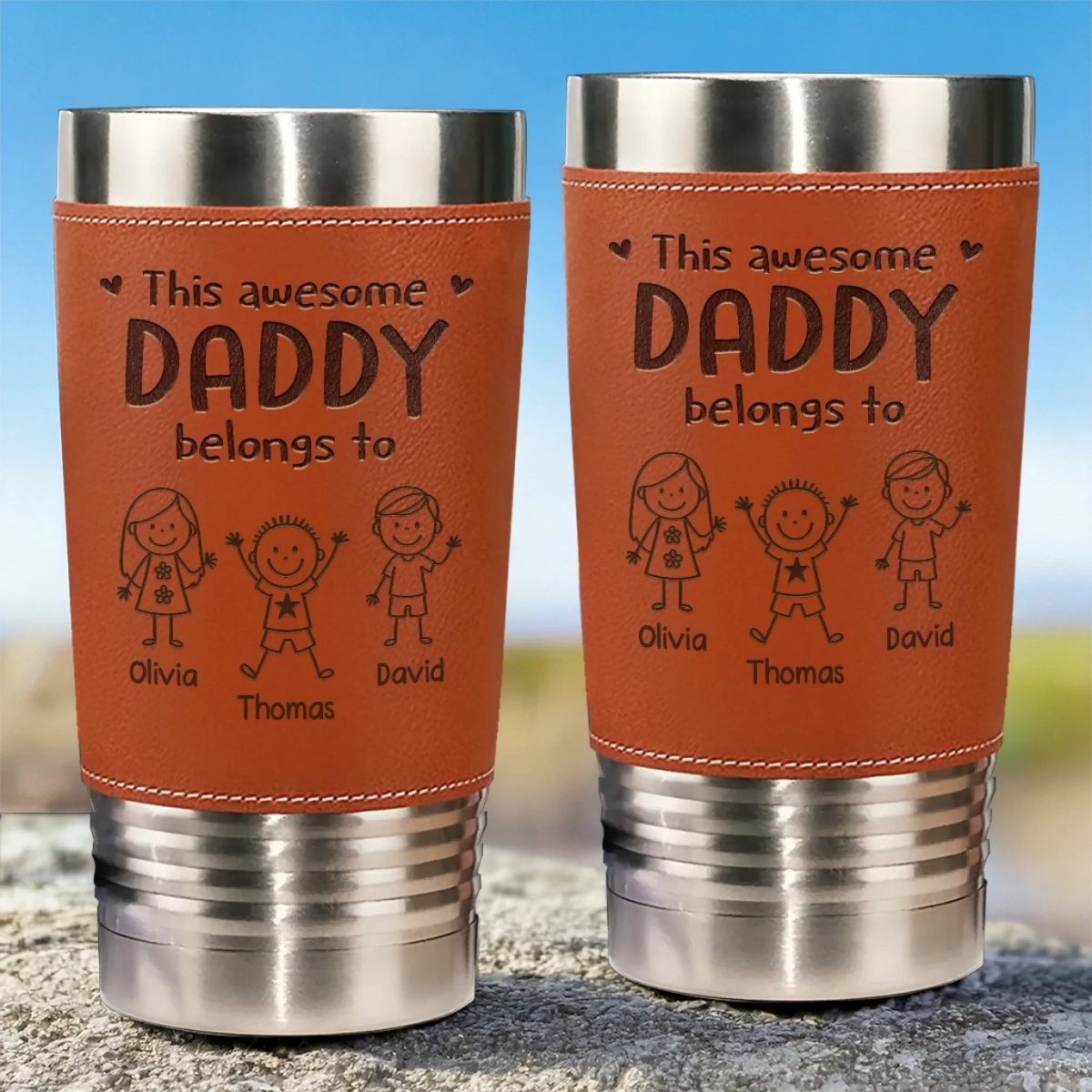 This Awesome Dad Belongs To Kids - Personalized Leather Tumbler - Gift For Dad, Grandpa, Father's Day Gift