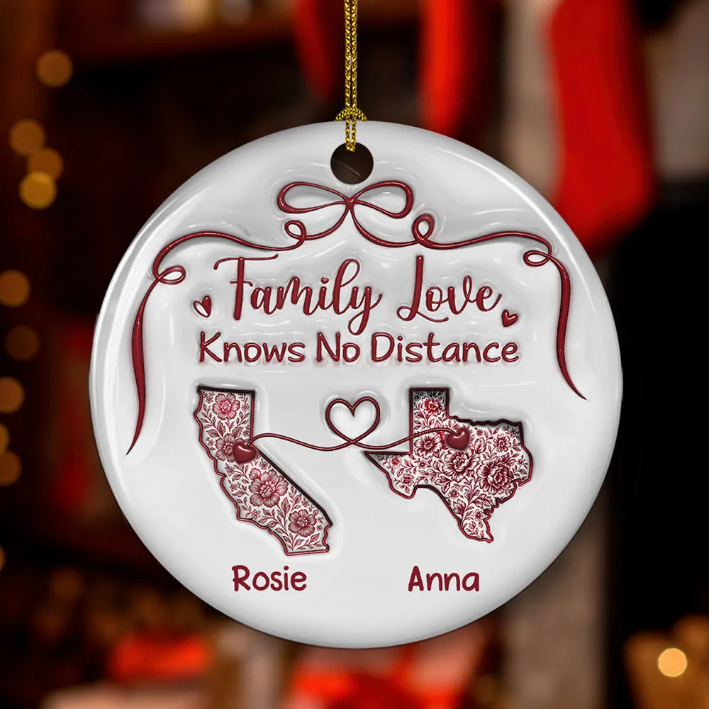 Family Love Knows No Distance Toile De Jouy - Personalized 3D Inflated Effect Ornament - Gift For Family, Christmas Gift