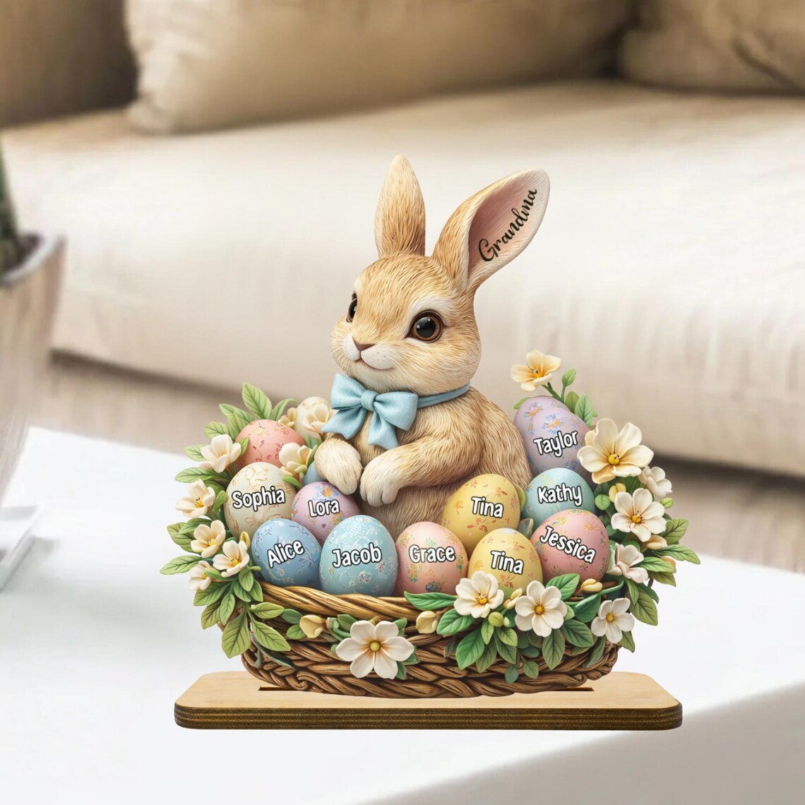 Custom Easter Bunny Wooden Plaque for Grandma, Personalized Egg Basket with Grandkids Names, Easter Gift for Family, Spring Easter Decor